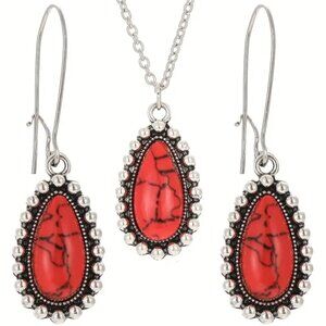 Boho Style Synthetic Red Turquoise Water Drop Pendant Necklace & Earrings Set